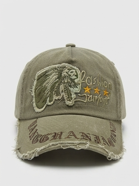 Vintage Distressed Olive Green Graphic Embroidered Baseball Cap