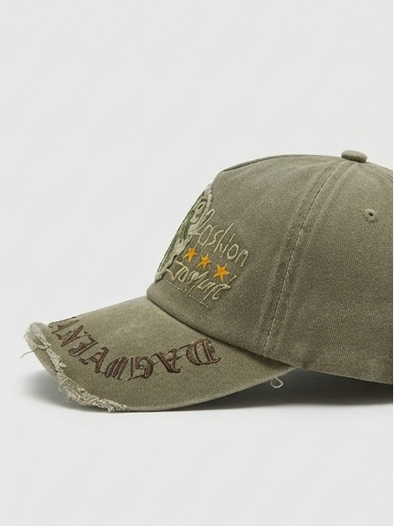 Vintage Distressed Olive Green Graphic Embroidered Baseball Cap