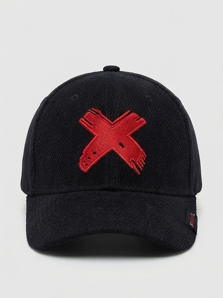 D'YAVOL X Black Corduroy Embroidered Baseball Cap - Red "X" Edition