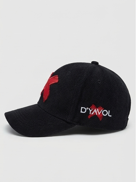 D'YAVOL X Black Corduroy Embroidered Baseball Cap - Red "X" Edition