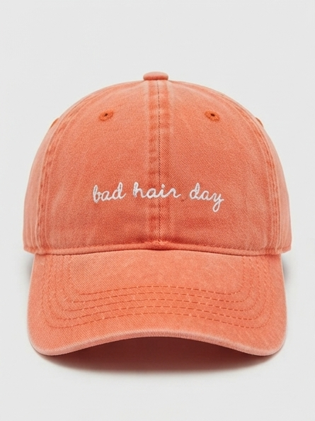 Vintage Washed Coral Orange "Bad Hair Day" Embroidered Cotton Baseball Cap