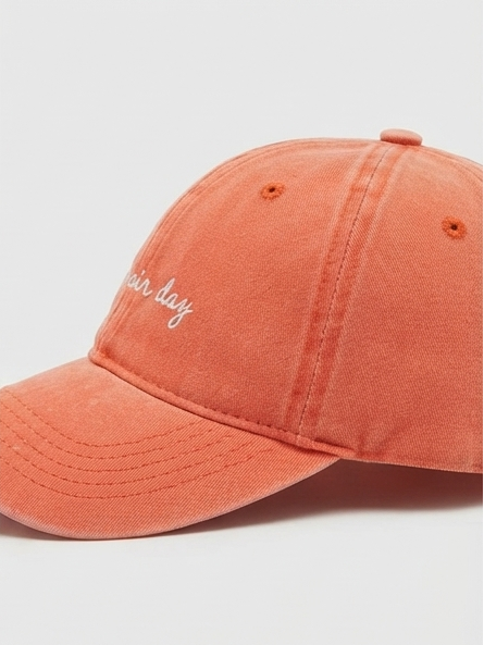 Vintage Washed Coral Orange "Bad Hair Day" Embroidered Cotton Baseball Cap