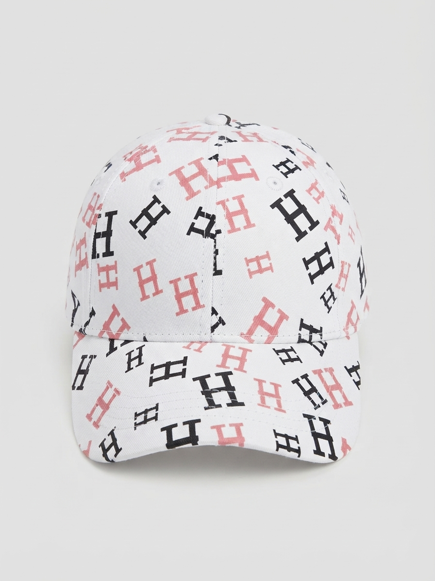 All-Over Monogram "H" Print Baseball Cap - White with Black & Dusty Pink Print