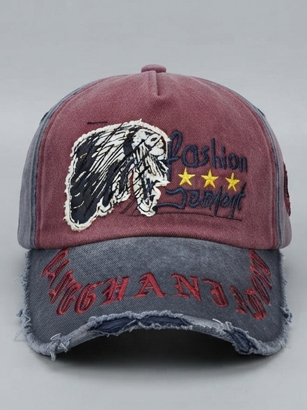 Vintage Washed Maroon and Navy Blue Distressed Graphic Baseball Cap