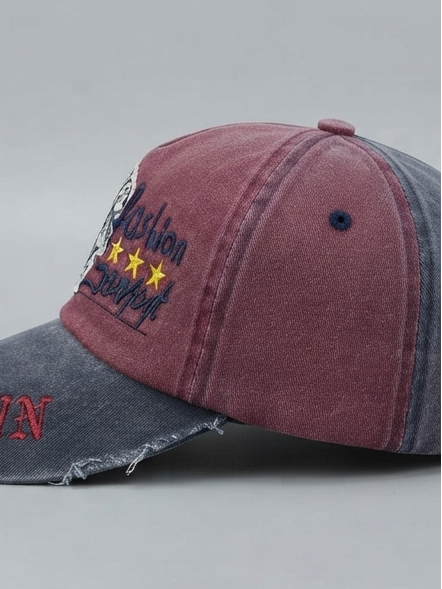 Vintage Washed Maroon and Navy Blue Distressed Graphic Baseball Cap