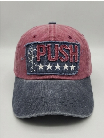 Vintage Washed Maroon and Navy Distressed "PUSH 5-Star" Patch Baseball Cap