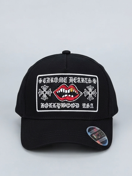 Black Chrome Hearts Hollywood Lips & Cross Patchwork Gothic Cap